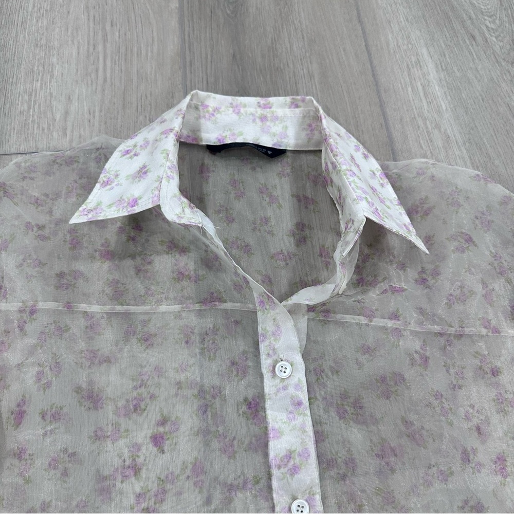 Zara organza sheer floral oversized collared button down small white pink - Picture 3 of 8